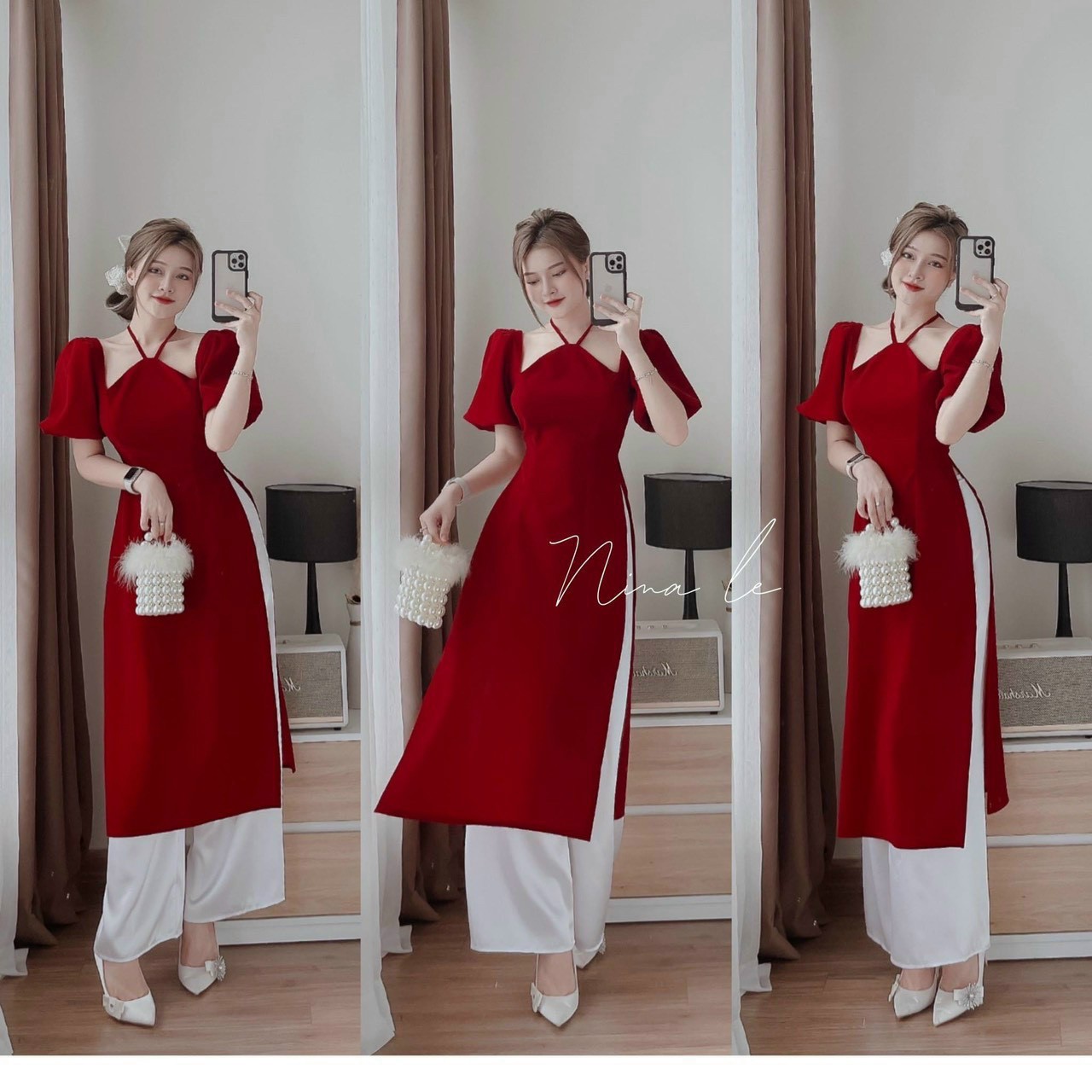 Sét Áo Dài Cổ Yếm Cách Tân + Quần (Vải Nhung Loại 1)