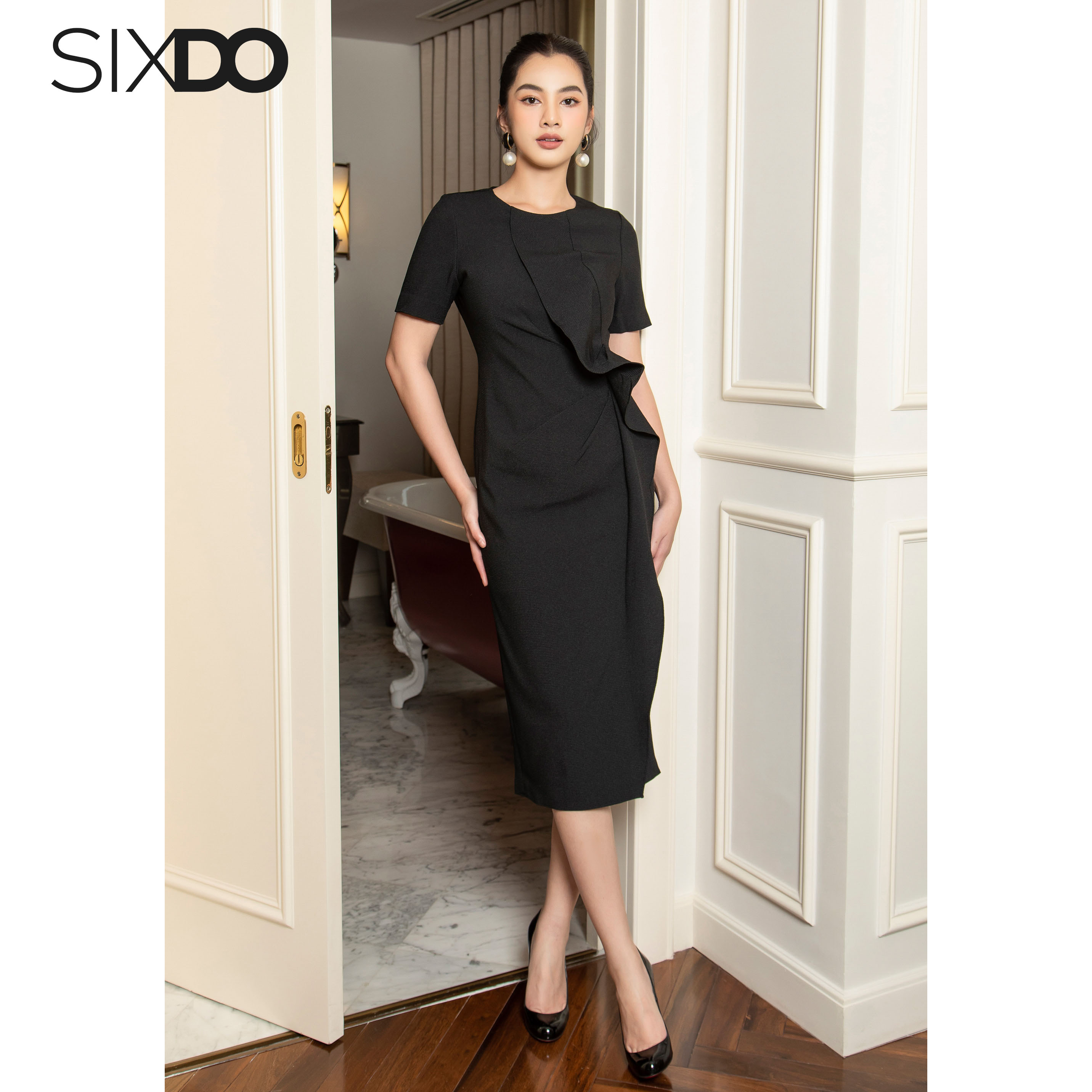 Đầm đen ngắn tay phối bèo thanh lịch SIXDO (Black Sheath Midi Raw Dress)