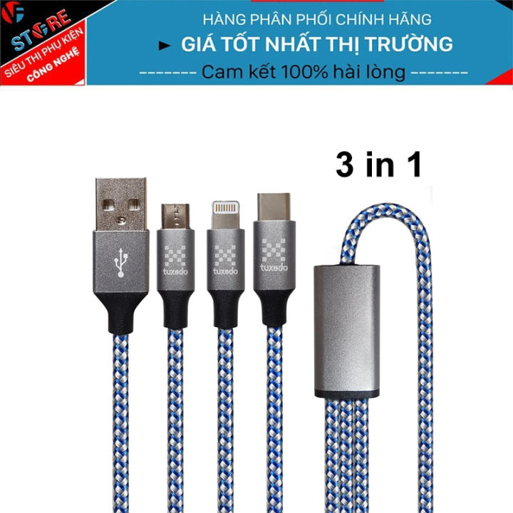 Cáp sạc điện thoại đa năng 3 đầu Tuxedo TC-01 bọc dù, dài 1.2m, 1 đầu Micro USB, 1 đầu Lightning, 1 đầu Type-C – tuxedo ,SKU : 677494114_VNAMZ-5508213812 >>>🇻🇳 Top1Vietnam 🛒>>> lazada.vn 🇻🇳🇻🇳🇻🇳🛒🛍🛒