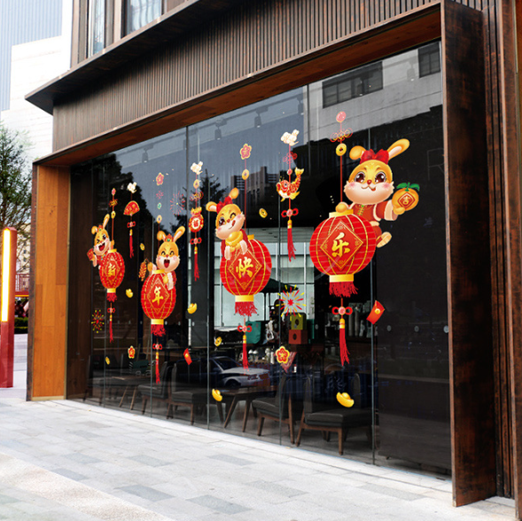 Decal trang trí Tết - Trung Thu - 4 Chú thỏ trên những chiếc đèn lồng