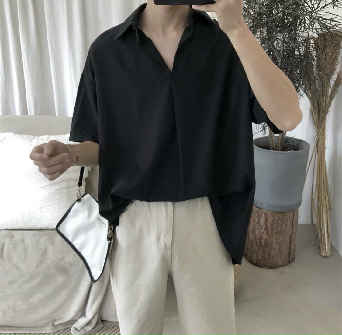 Áo sơ mi cổ chui form rộng unisex tay ngắn kiểu chồng đầu