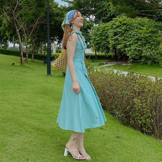 Đầm Xanh Lửng 2 Dây Buộc Nơ SY STORE