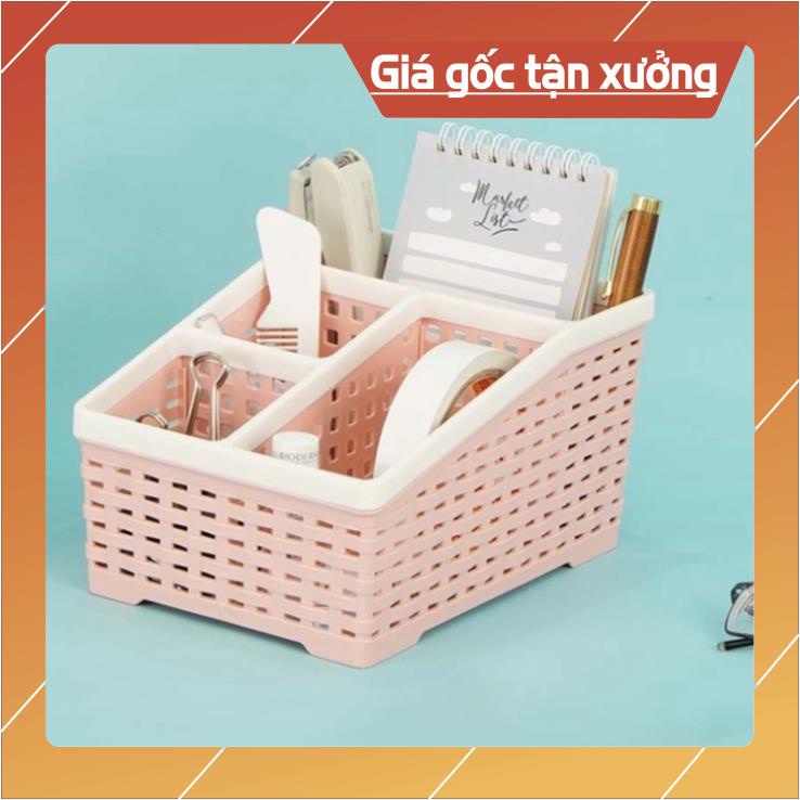 Rổ nhựa văn phòng 4 ngăn đựng bút, remote, điện thoại, vật dụng tiện ích