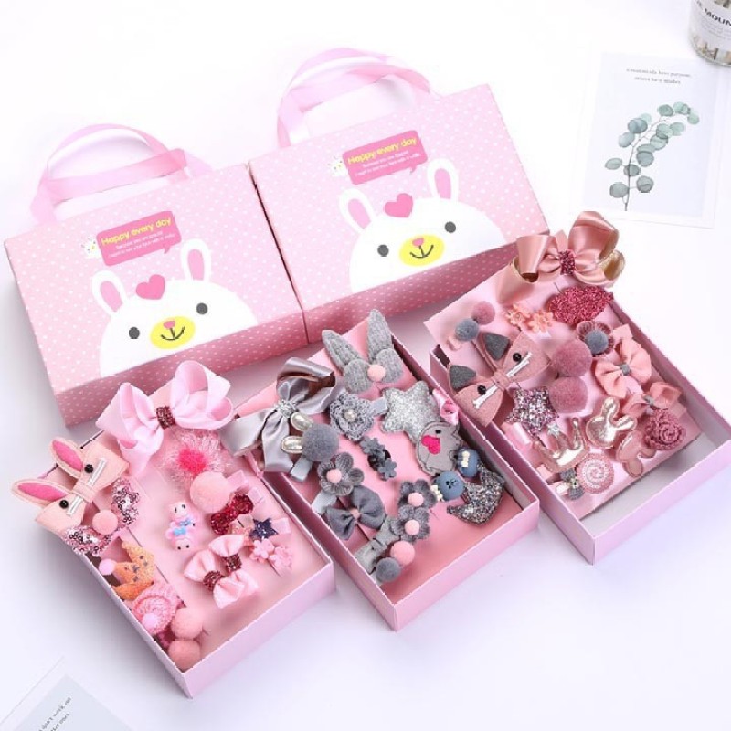 Bộ kẹp tóc nơ buộc tóc cột tóc cho bé gồm 18 món kèm hộp xinh xắn- phụ kiện tóc có túi xách - Hộp Dây Buộc Tóc - Buộc Tóc 18 Món Cho Bé - Quà Tặng Bé Gái