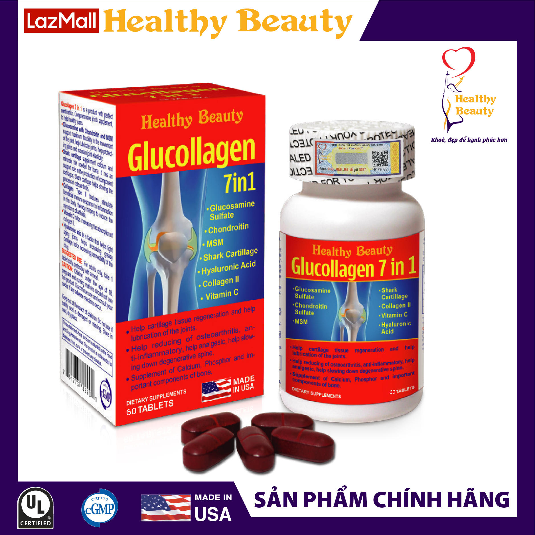 Viên Uống Glucollagen 7 in 1 Healthy Beauty Giảm Triệu Chứng Đau Viêm Khớp