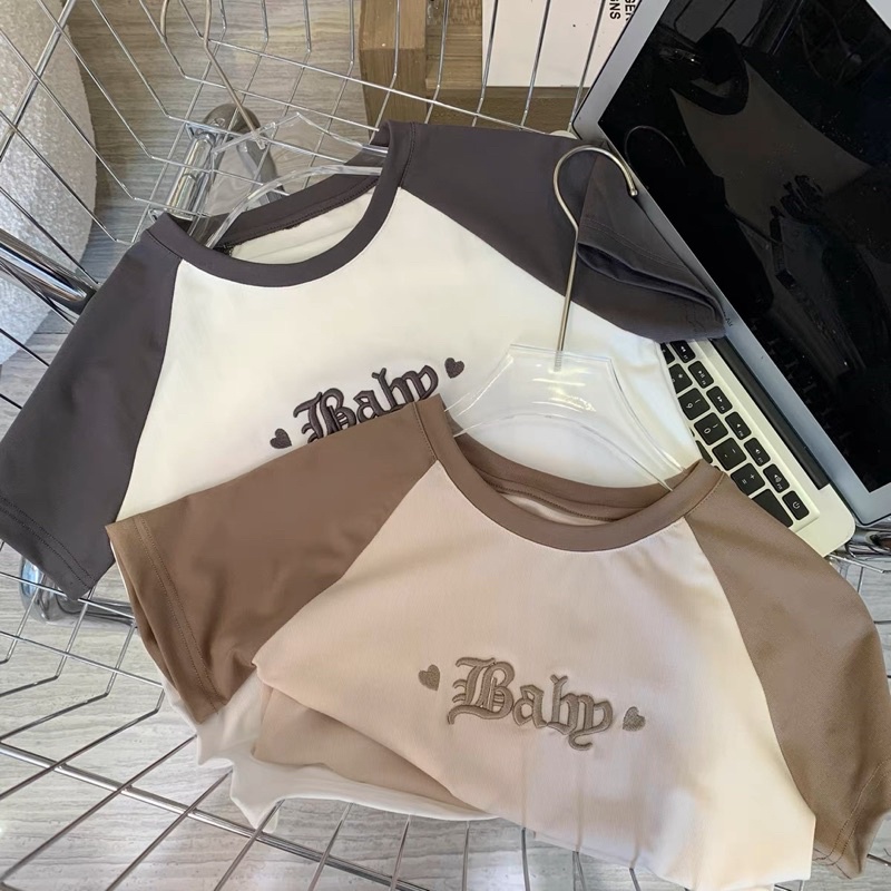 Áo croptop phối tay thêu baby 1bb