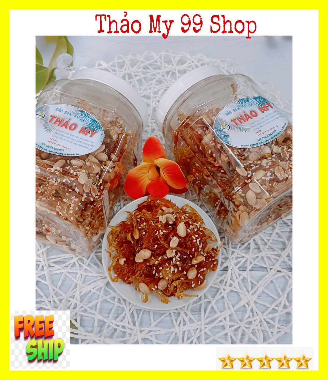 (Freeship) hủ 500gr Mứt gừng sợi dẻo mè đậu phộng
