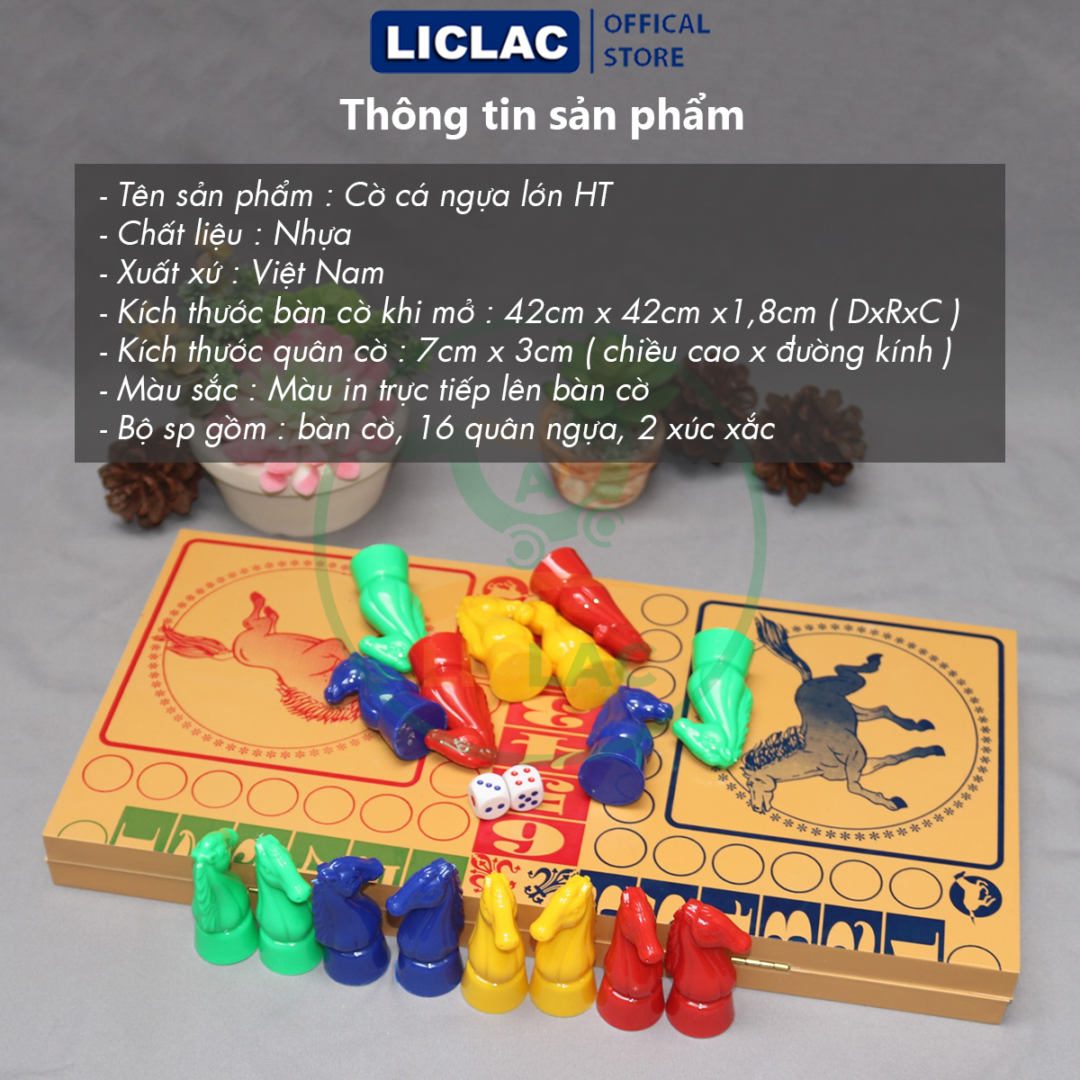 Cờ Cá Ngựa HUỆ TÂN chất liệu Nhựa Cao Cấp màu in đẹp, Bộ Cờ cá ngựa gồm Bàn Cờ, Quân Ngựa, 2 Xúc Xắc