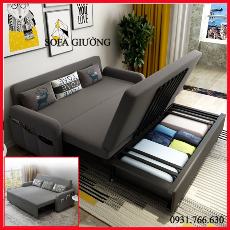 Giường sofa thông minh gấp gọn có hộc đựng đồ thế hệ mới với khung hoàn bằng sắt sơn tĩnh điện.KT: 1m6 x 1m9