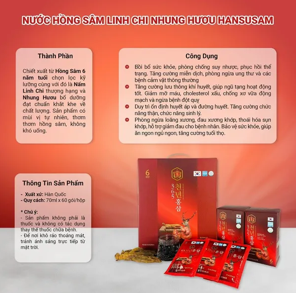 Nước Hồng Sâm Linh Chi Nhung Hươu 365 Hansusam Hàn Quốc - Hộp 60 Gói x 50ml