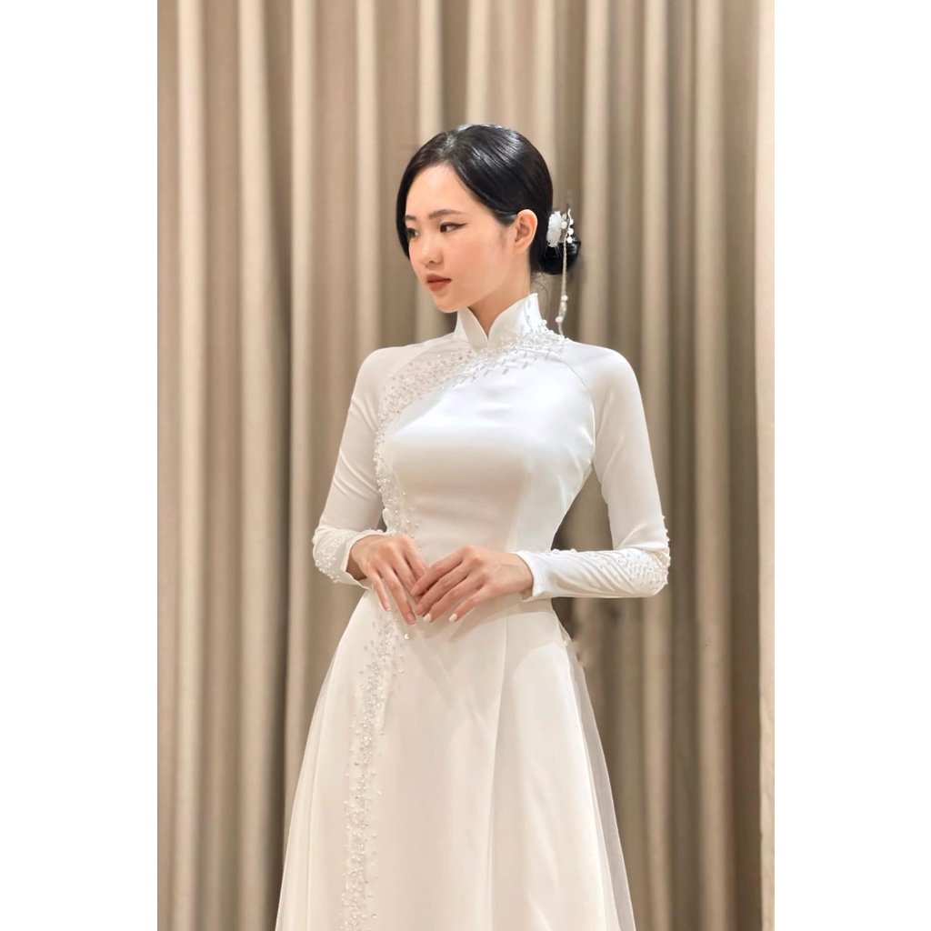 Áo dài cưới trắng 4 tà [CAMHOUSE] chất liệu lụa tủa phale 1 bên sườn