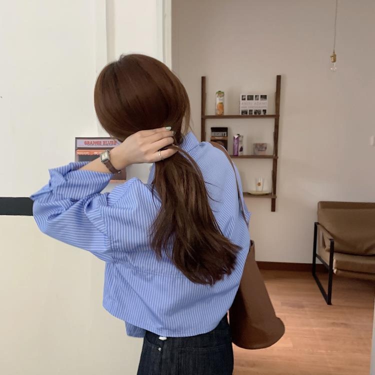 Áo sơ mi croptop tay dài kẻ sọc thêu họa tiết thời trang mùa hè xinh xắn dành cho nữ