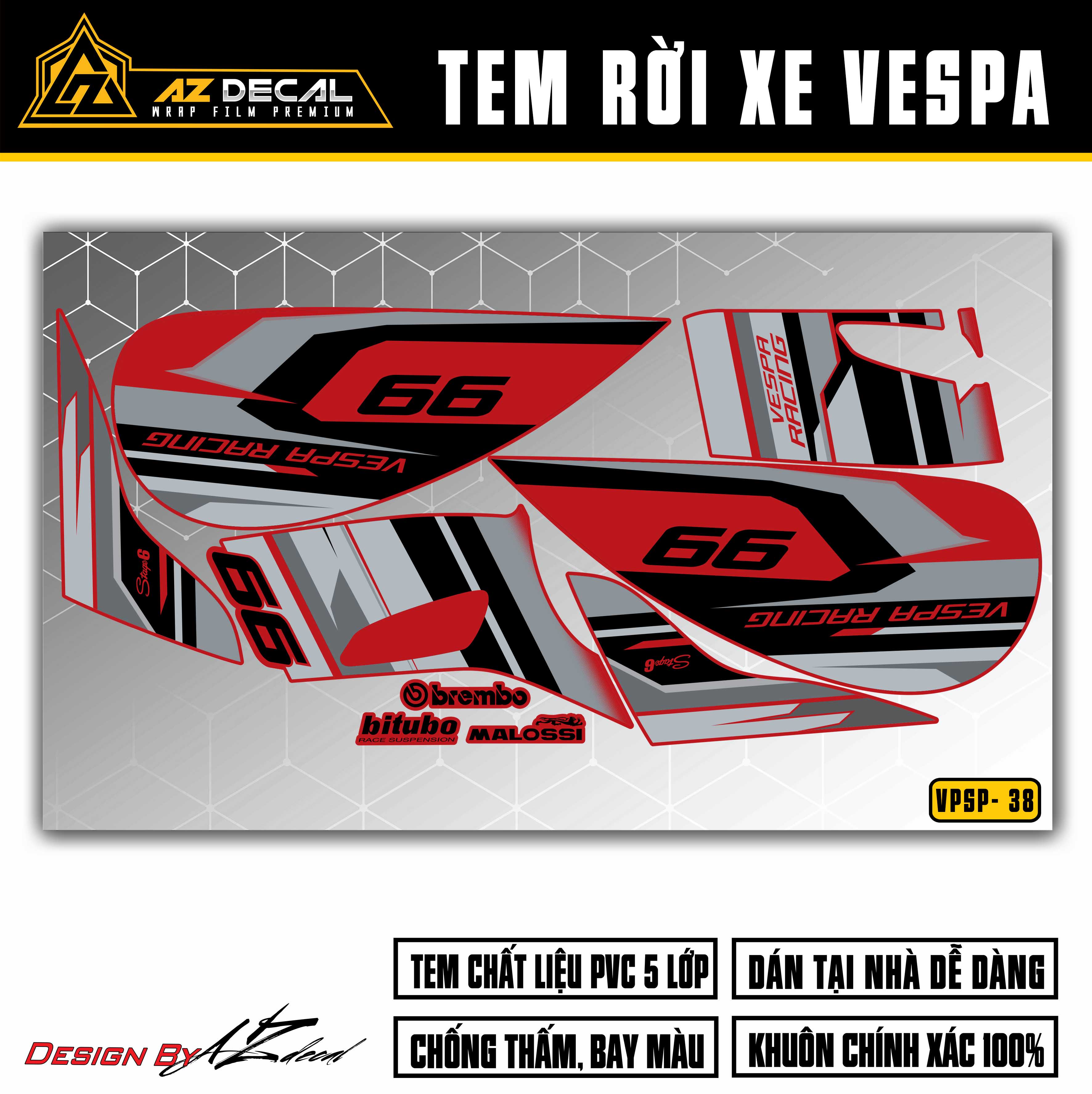 Tem Rời Dán Xe Vespa Mẫu Racing 99 | VPSP38 | Decal Chế Dán Xe Vespa Sprint / Primavera Cắt Sẵn, Dễ Dán, Chống Nước - Azdecal
