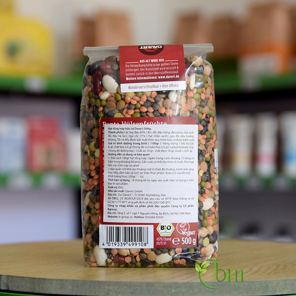 Đậu tổng hợp (Đậu đỏ, đậu trắng, đậu pinto, hạt lanh, đậu hà lan) hữu cơ Davert 500gr