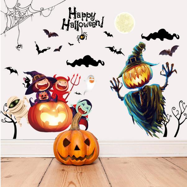 Combo decal dán tường - bí đỏ kết hợp người rơm halloween