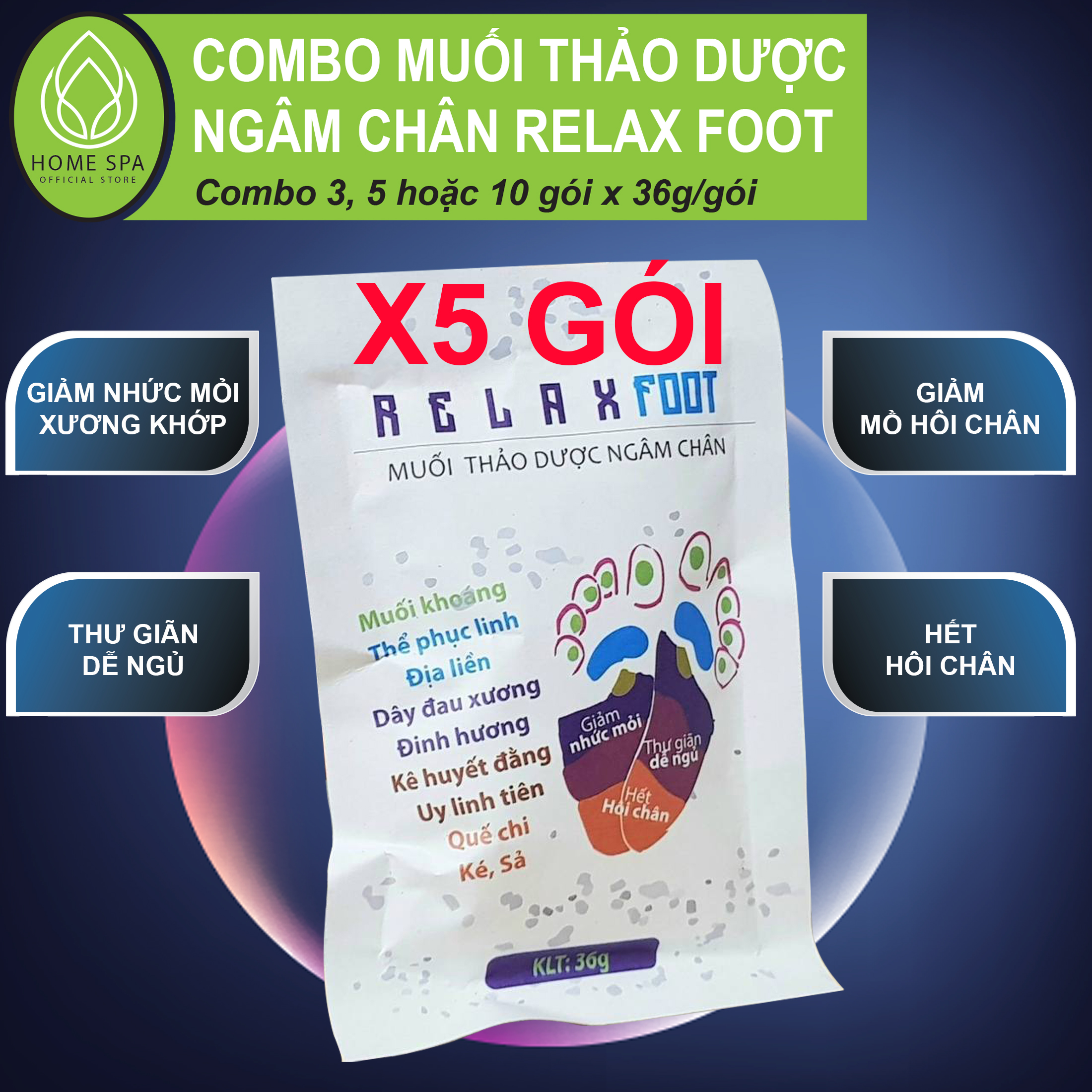 Muối ngâm chân thảo dược relax foot - 10 loại thảo dược: muối khoáng, thổ phục linh...