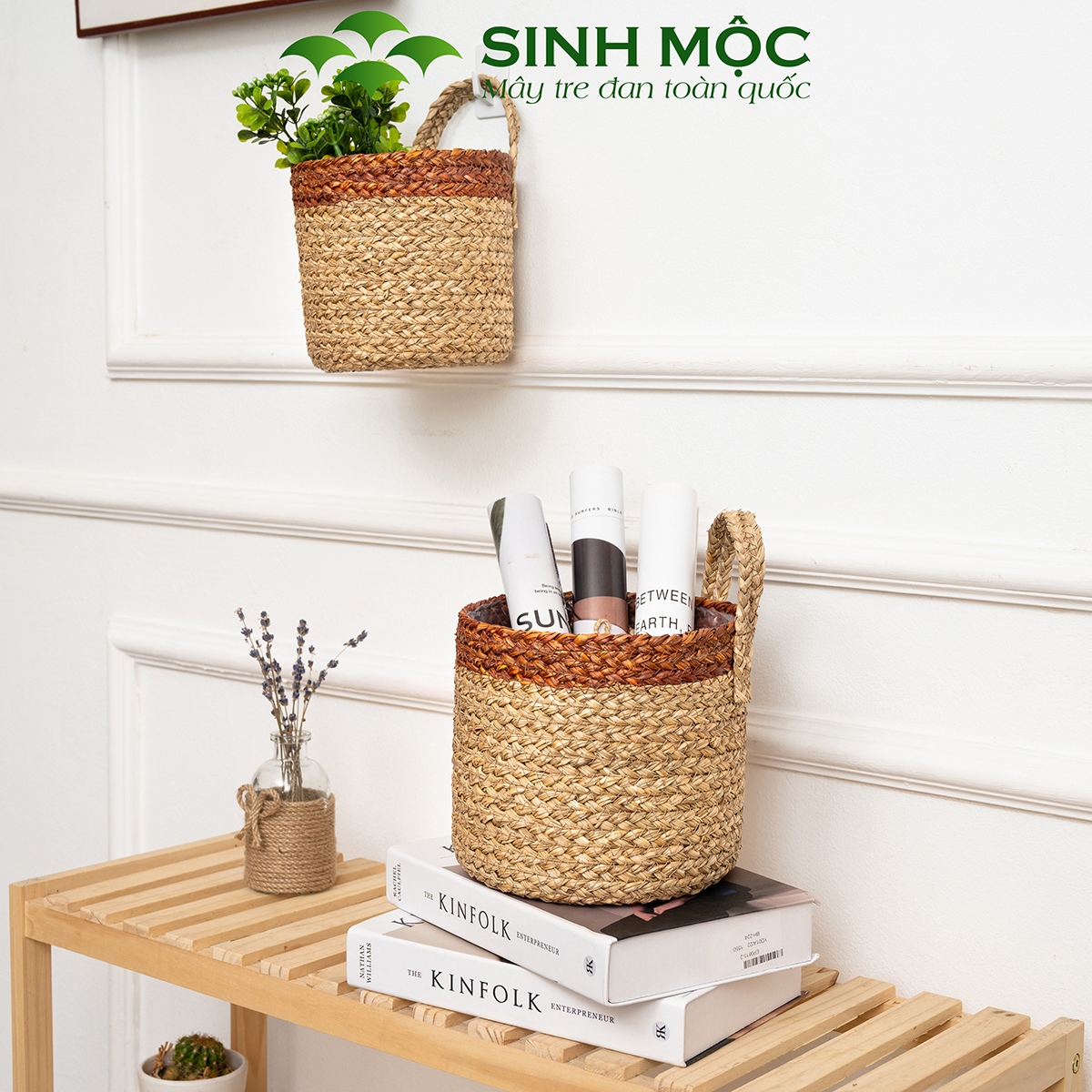 Giỏ cói trồng cây, giỏ đựng đồ, giỏ mây tre đan Sinh Mộc - M1004