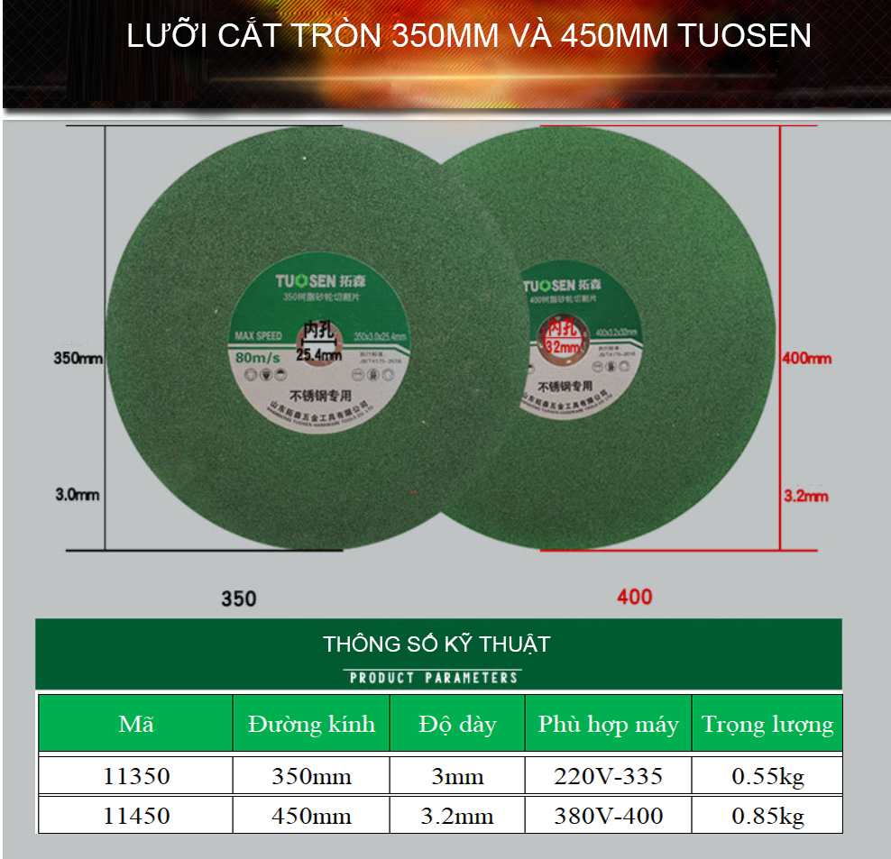 Combo 3 Lưỡi cắt sắt Tuosen cỡ 350mm và 450mm dùng cho máy cắt sắt để bàn,  Cắt thép, Cắt Inox, Lưỡi Cắt Sắt, Lưỡi Cắt Inox
