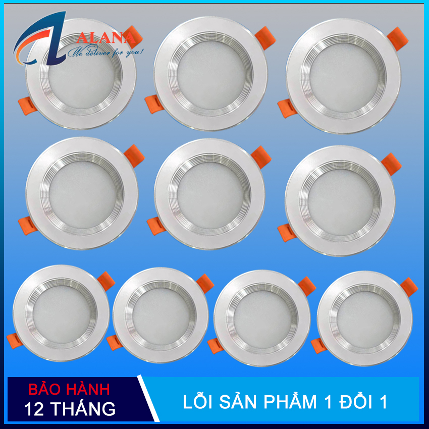 Bộ 10 đèn led âm trần, âm trần viền bạc 7w tròn 3 màu 3 chế độ