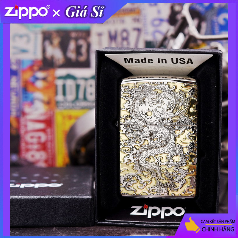 Bật lửa Zippo khắc Rồng châu Á bản tiêu chuẩn mạ Chrome