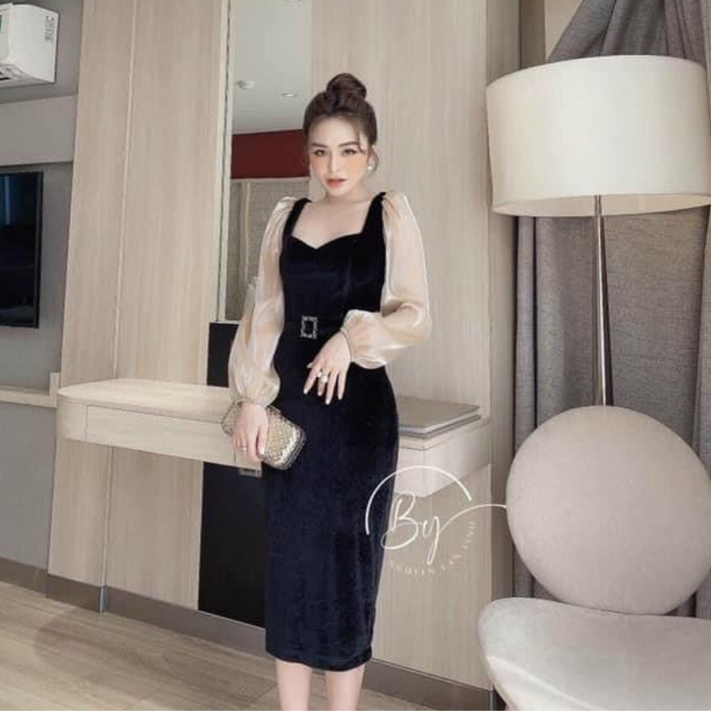 Váy nhung phối tay cổ v