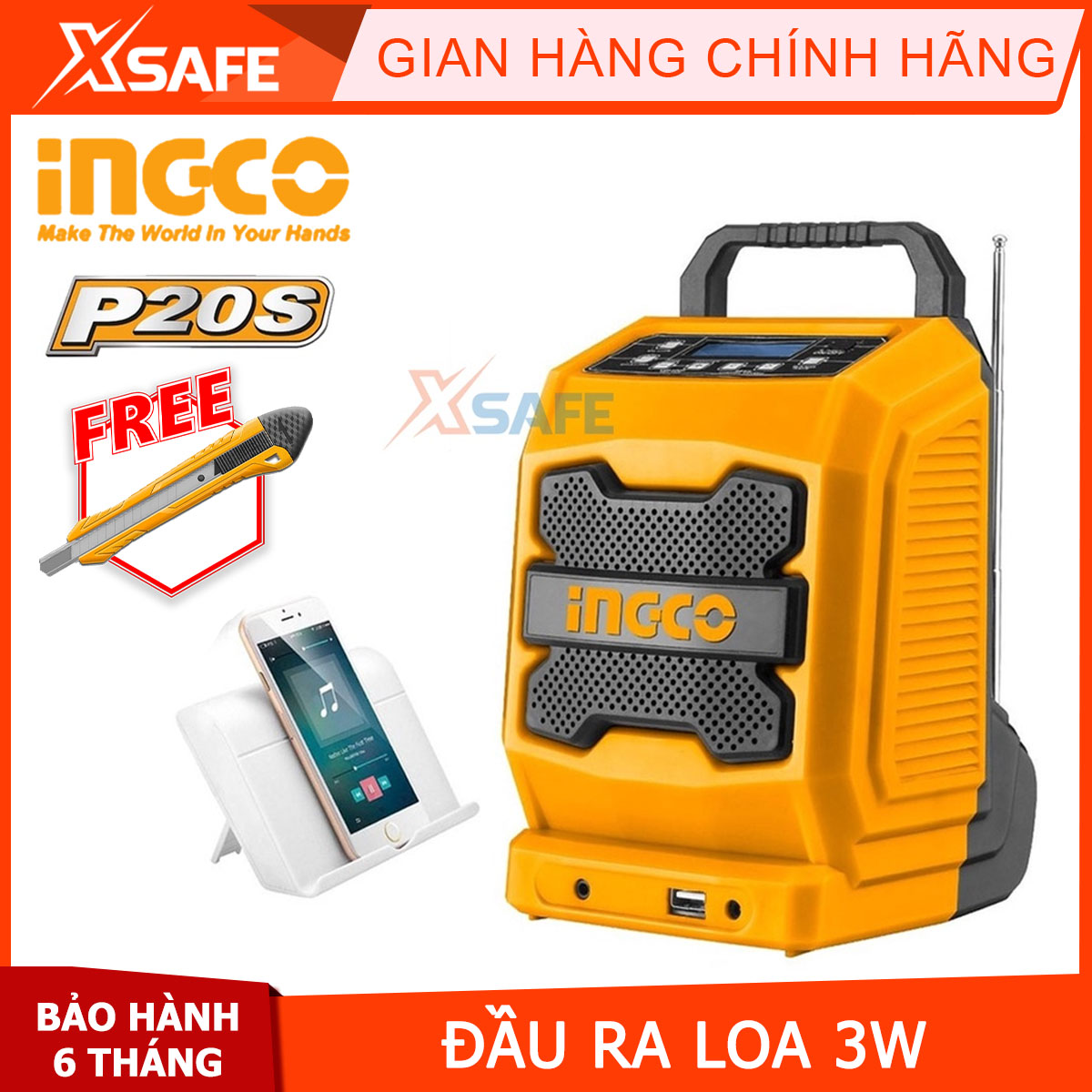 loa bluetooth 4.0 mini INGCO CJRLI2001 3W radio bluetooth công trường dùng pin Lithium 20V Tần số AM 522-1620KHz, FM 87,5-108 MHz