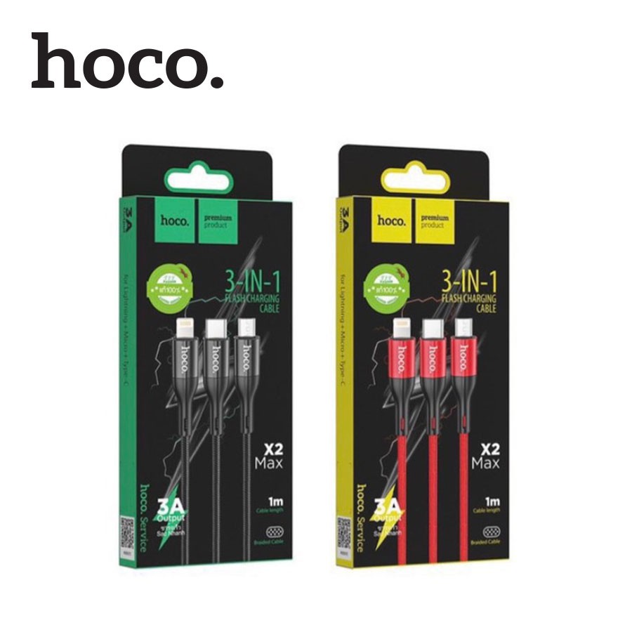 Cáp sạc nhanh hoco 3 đầu x2 max 3a dây dài 1m
