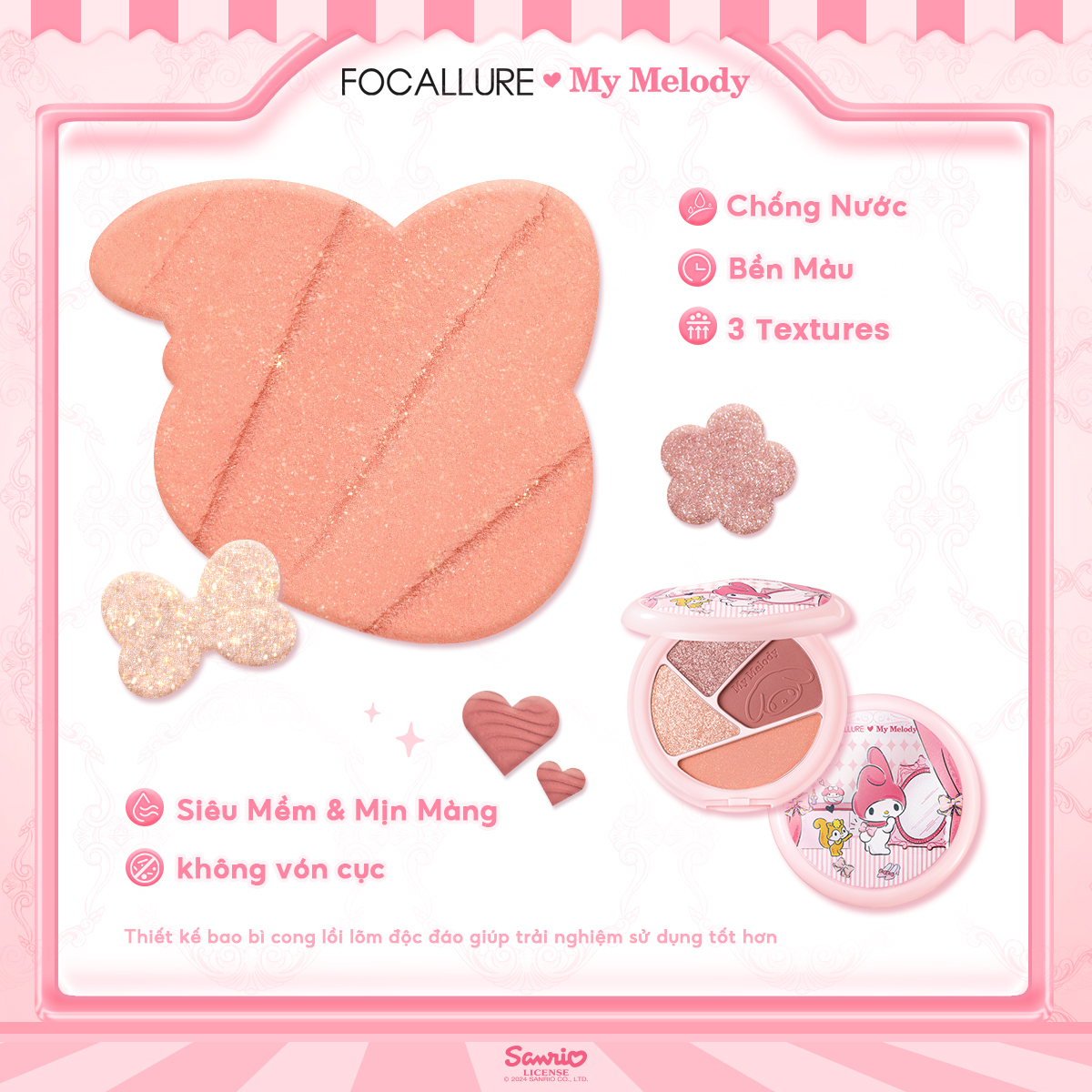 [FOCALLURE x Sanrio] Bảng Phấn Mắt 4 Màu Lâu Trôi