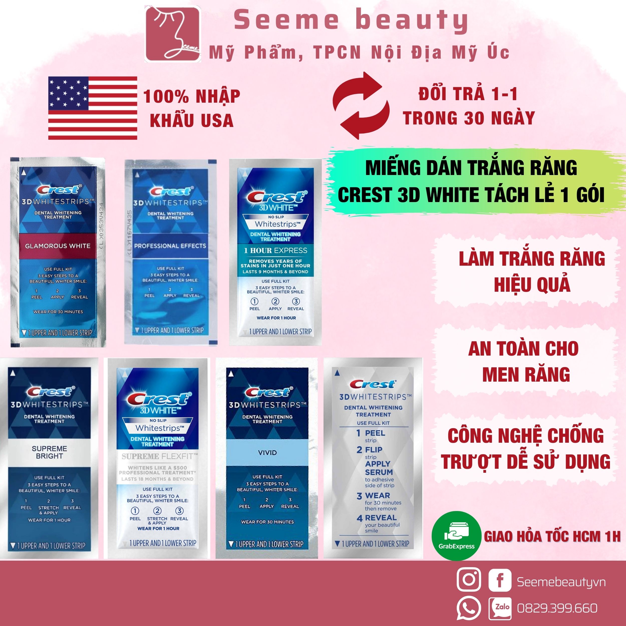 [HOÀN TIỀN 15%] [HÀNG MỸ] Miếng Dán Trắng Răng Crest 3D White Glamorous Professional Effects 1 Hour Supreme [SeeMe Beauty]
