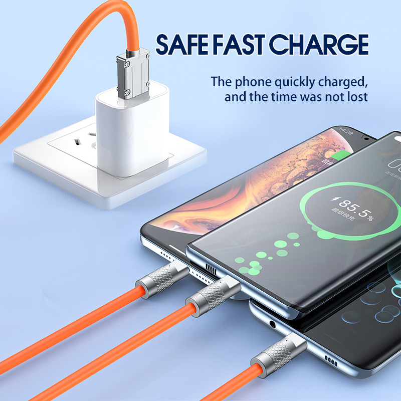 Dây Cáp 3 Đầu Sạc Nhanh 120W 6A Cổng Micro USB type C Bằng silicon Cho iPhone Android.