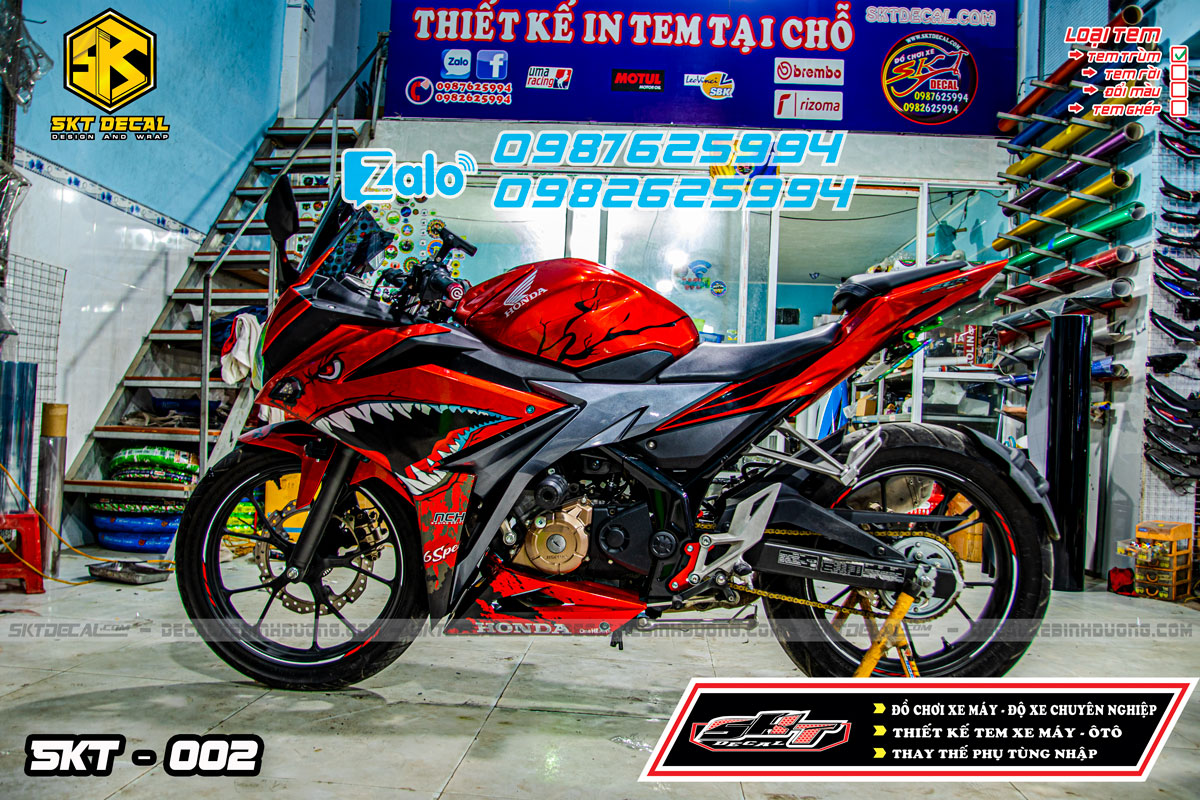 Tem trùm xe cbr đỏ đen cá mập