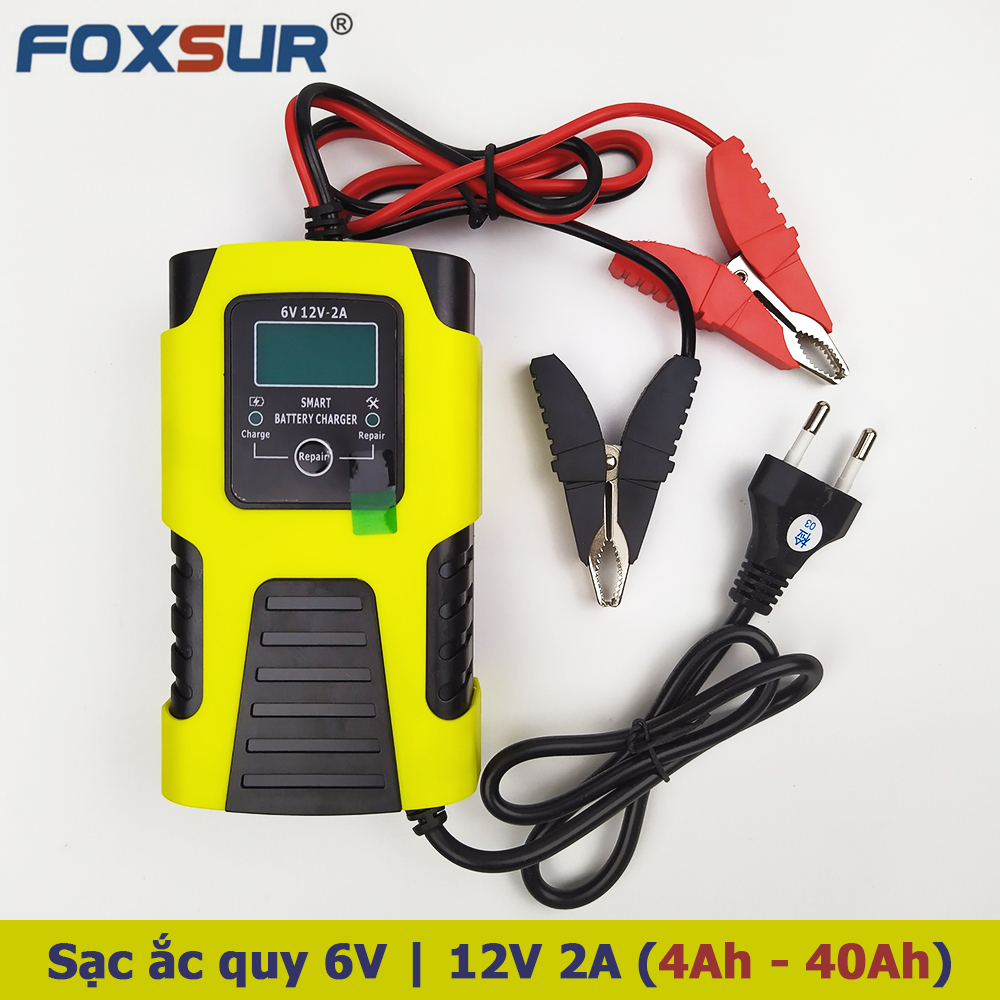Sạc bình ắc quy 6V 12V 4Ah - 40Ah FOXSUR 2A tự ngắt khi đầy phục hồi ắc quy khử sunfat chống ngược cực