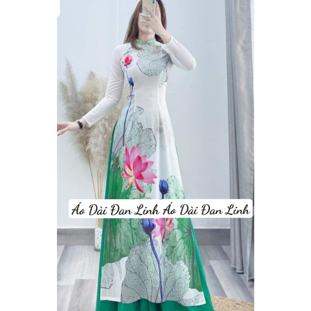 Áo dài in hoa sen trên nền trắng nổi bật đồng phục áo dài hoa sen đẹp - Áo Dài Đan Linh