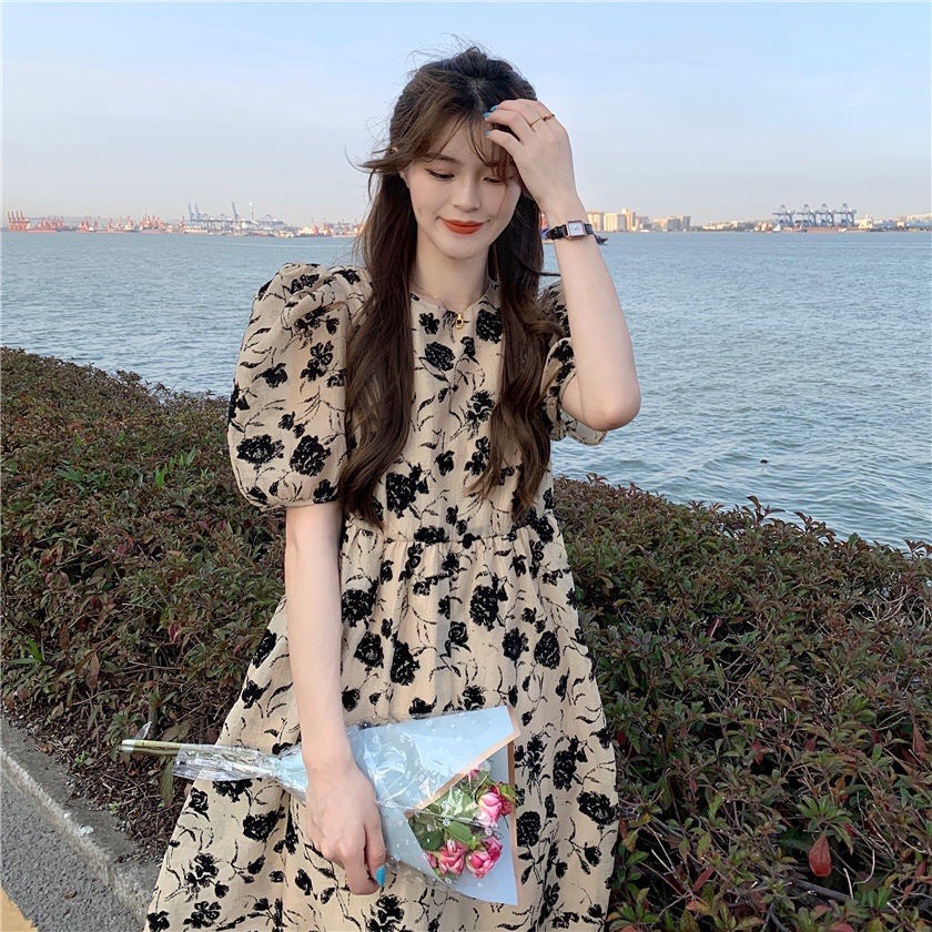 Đầm bầu công sở phối hoa đen dáng xòe