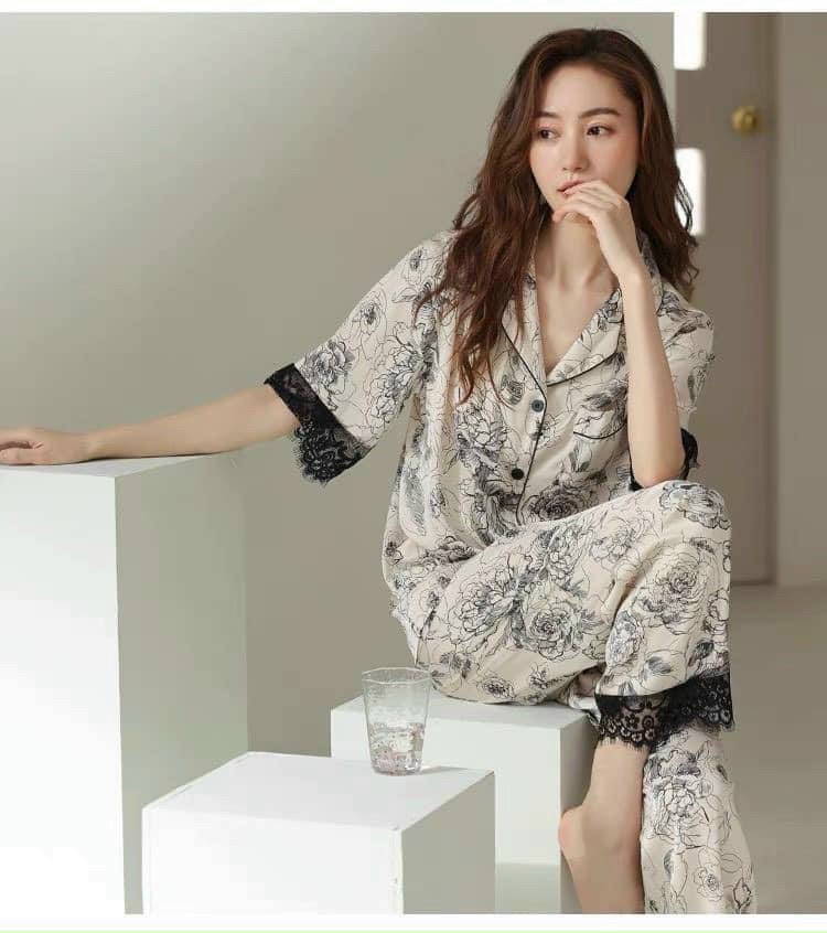 Bộ Pyjama lụa xước ánh kim cao cấp (free size: 45kg đến 60kg) HÀNG THIẾT KẾ MỚI.