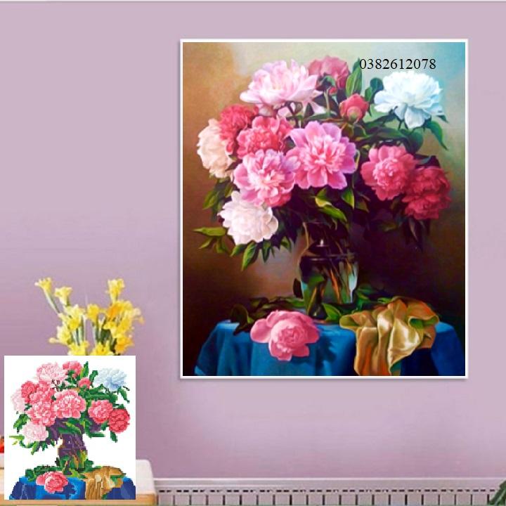 Tranh đính đá Bình hoa khoe sắc LV396 50*60CM (TRANH TỰ ĐÍNH)
