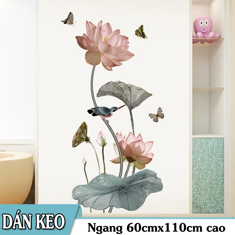 Decal dán tường trang trí - SEN HỒNG CÙNG BƯỚM VÀ CHIM SÂU