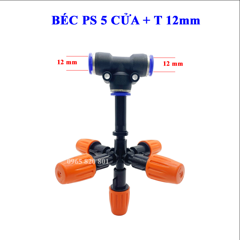 Béc phun sương cam 5 cửa kèm T nối nhanh ống 8,10,12mm