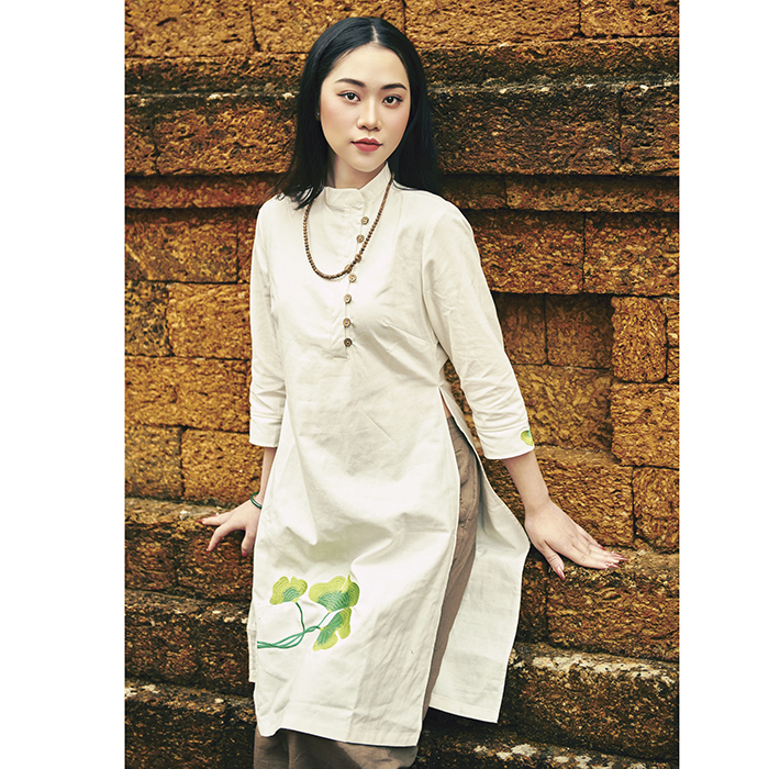 Set bộ áo dài cách tân nữ 2 tà Linen thô mộc tự nhiên