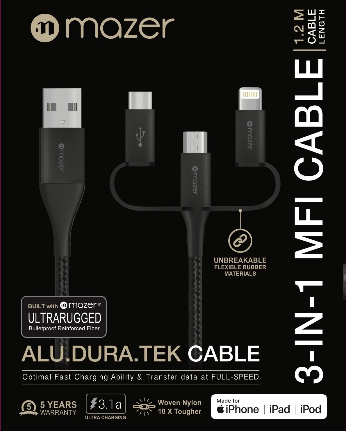 Dây Cáp MAZER MULTI4.DURA.TEK 3-in-1 USB-A to Lightning+Micro+USB-C / 3.1A (1.2m)