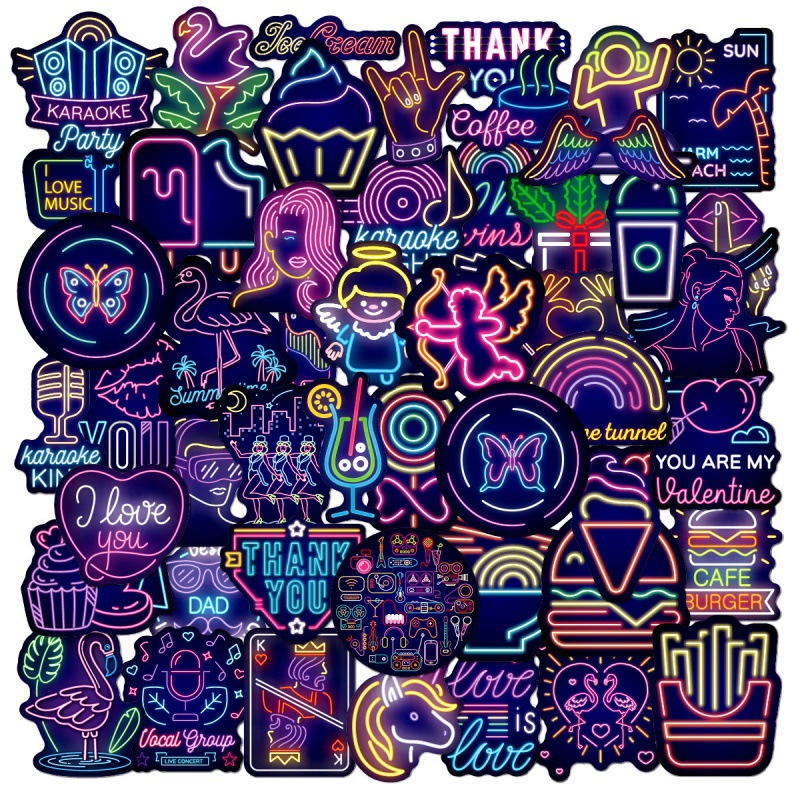 50Pcs Cartoon Neon Light Night Lighting Waterproof Sticker Skateboarding Snowboard Retro Vinyl Sticker Graffiti Notebook Sticker