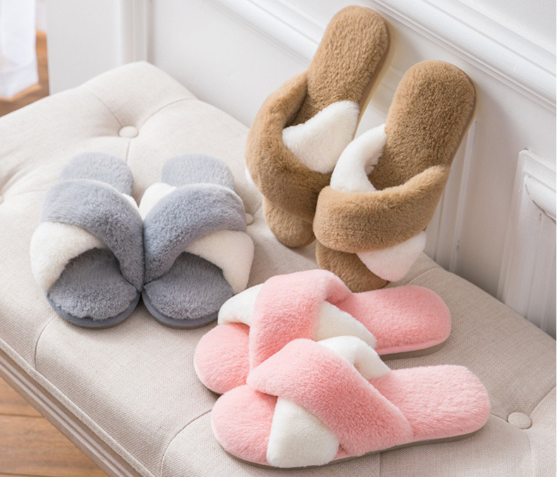 X flat fur slipper, new style cross straps memory cotton slippers slip-resistant rubber bottom, plush house slippers, cotton slippers