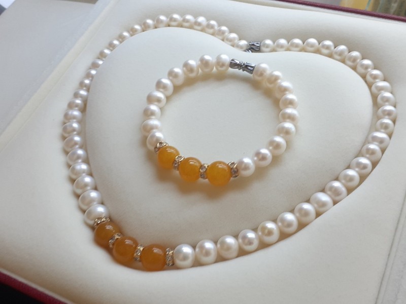 CHUỖI CỔ VÀ VÒNG TAY NGỌC TRAI THẬT 8MM PHỐI ĐÁ TỰ NHIÊN SANG