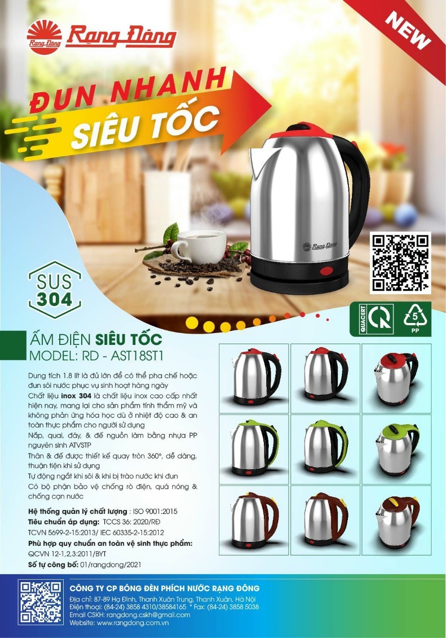 Ấm điện siêu tốc 1,8 lít - Rạng Đông (model: RD-AST18ST1)