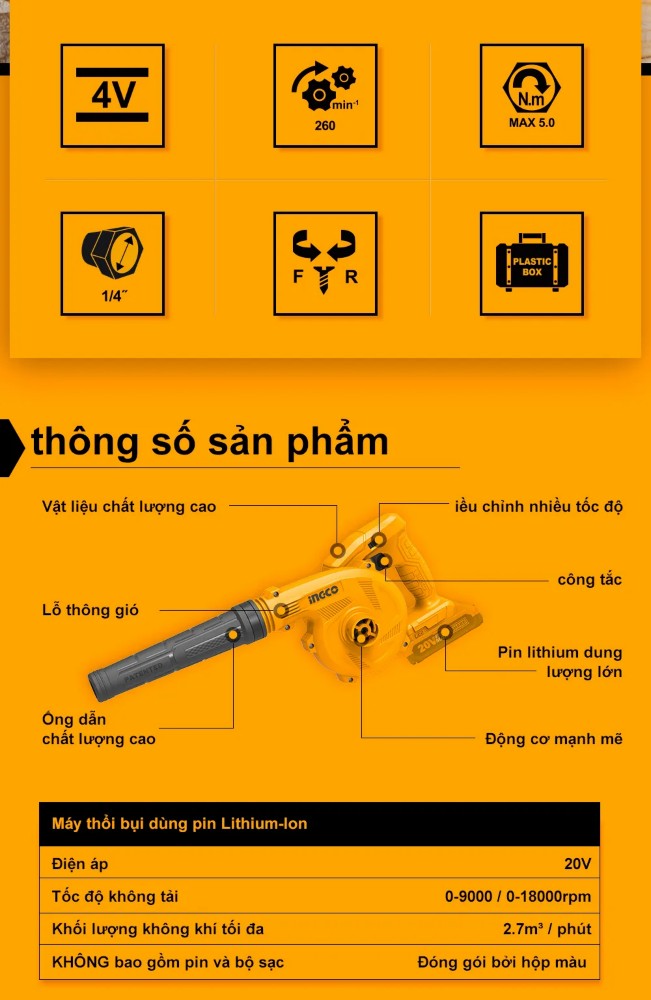 Máy thổi bụi , thổi lá dùng pin Lithium 20V Ingco CABLI20018