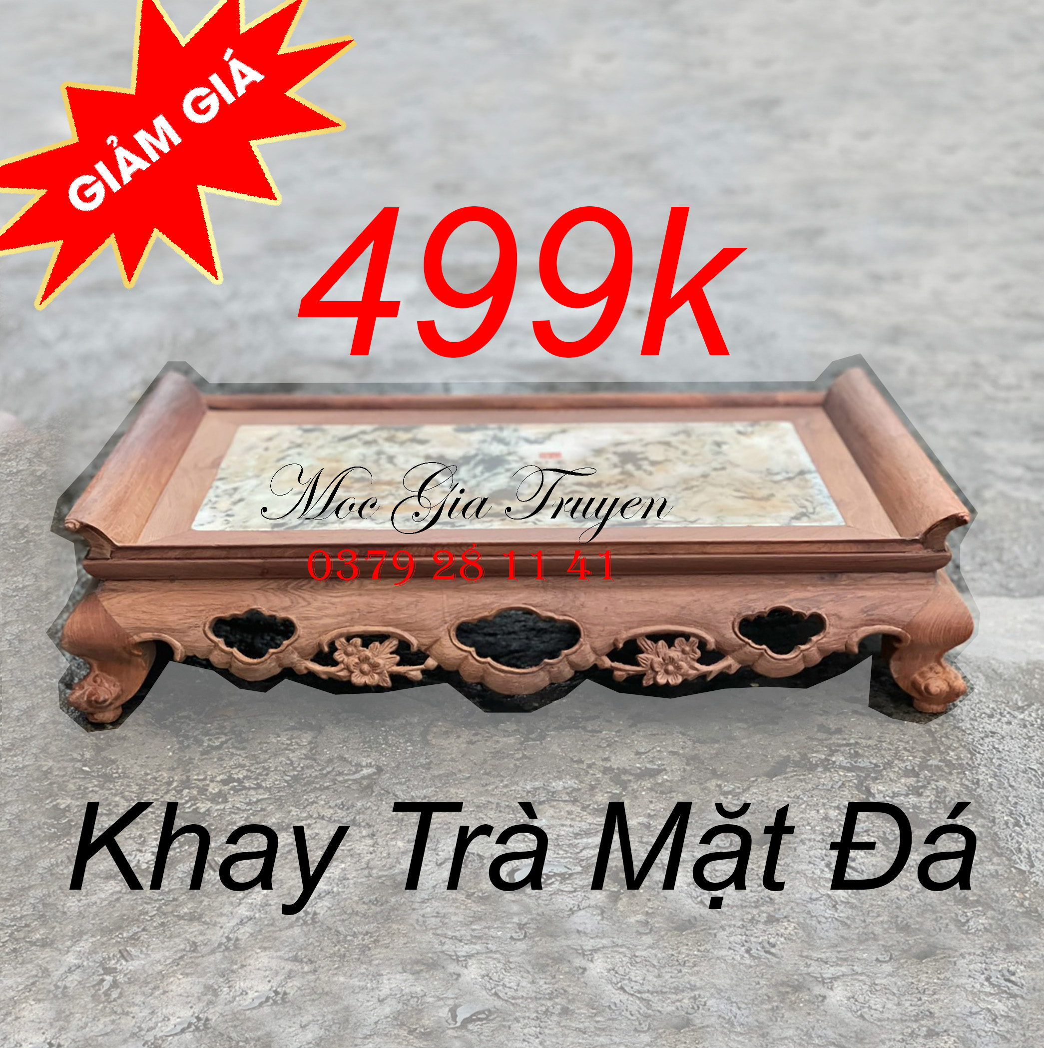 Khay trà ấm chén mặt đá ba bông phòng khách gỗ hương cỡ 38x28