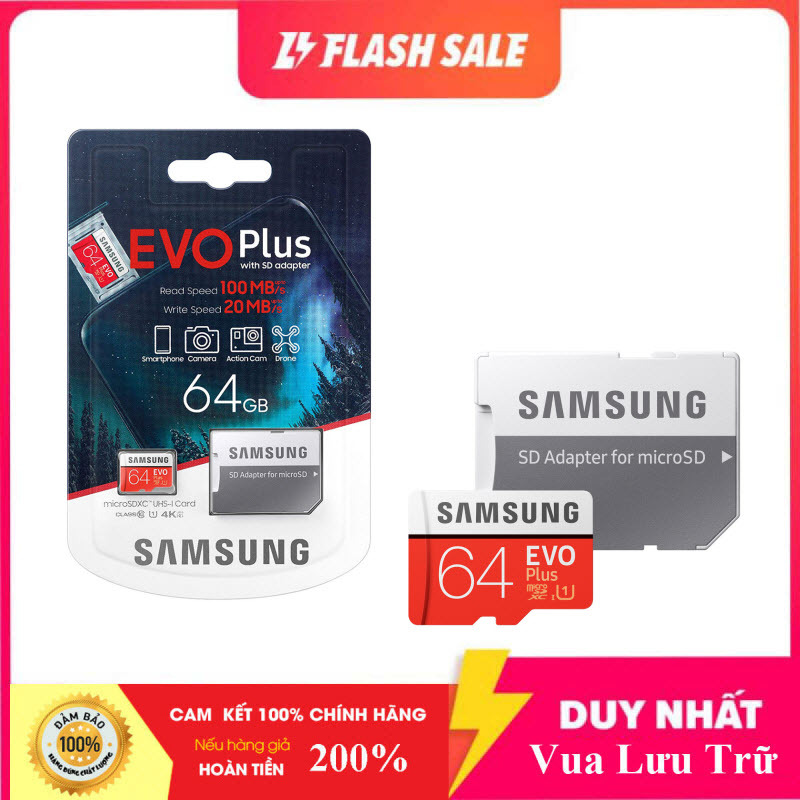 Thẻ nhớ MicroSDXC Samsung Evo Plus 64GB U3 4K- W60MB-R100MB - box Anh New 2020 (Đỏ) + Kèm Adapter