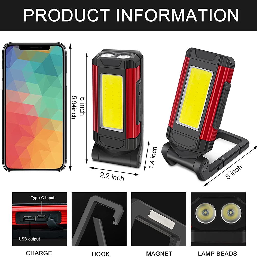 Super bright and practical led USB rechargeable magnetic charging light with magnetic suction clip adjustable LED work light delivery angle fast