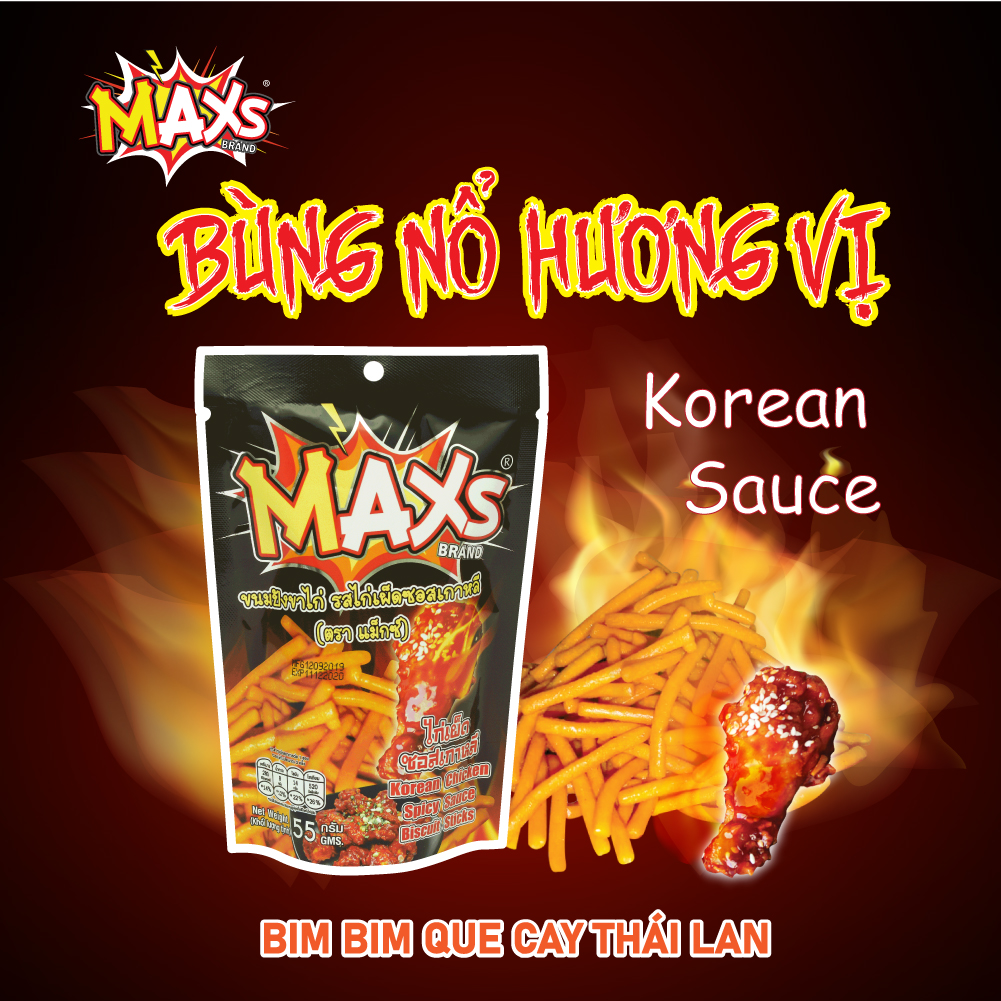 Bim bim MAXs - Bim bim que Thái Lan - gói 55g (vị ớt Thái Lan, vị sốt Gà Hàn Quốc, vị sốt thịt nướng BBQ)