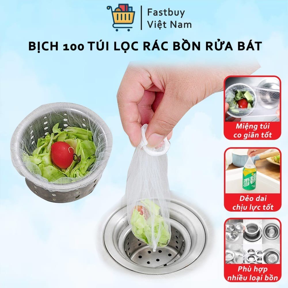 Gói 100 Túi Lọc Rác Bồn Rửa Chén Bát Chống Tắc Nghẽn, Túi Lưới Lọc Rác, Túi Lưới Chặn Rác Tái Sử Dụng Được Nhiều Lần